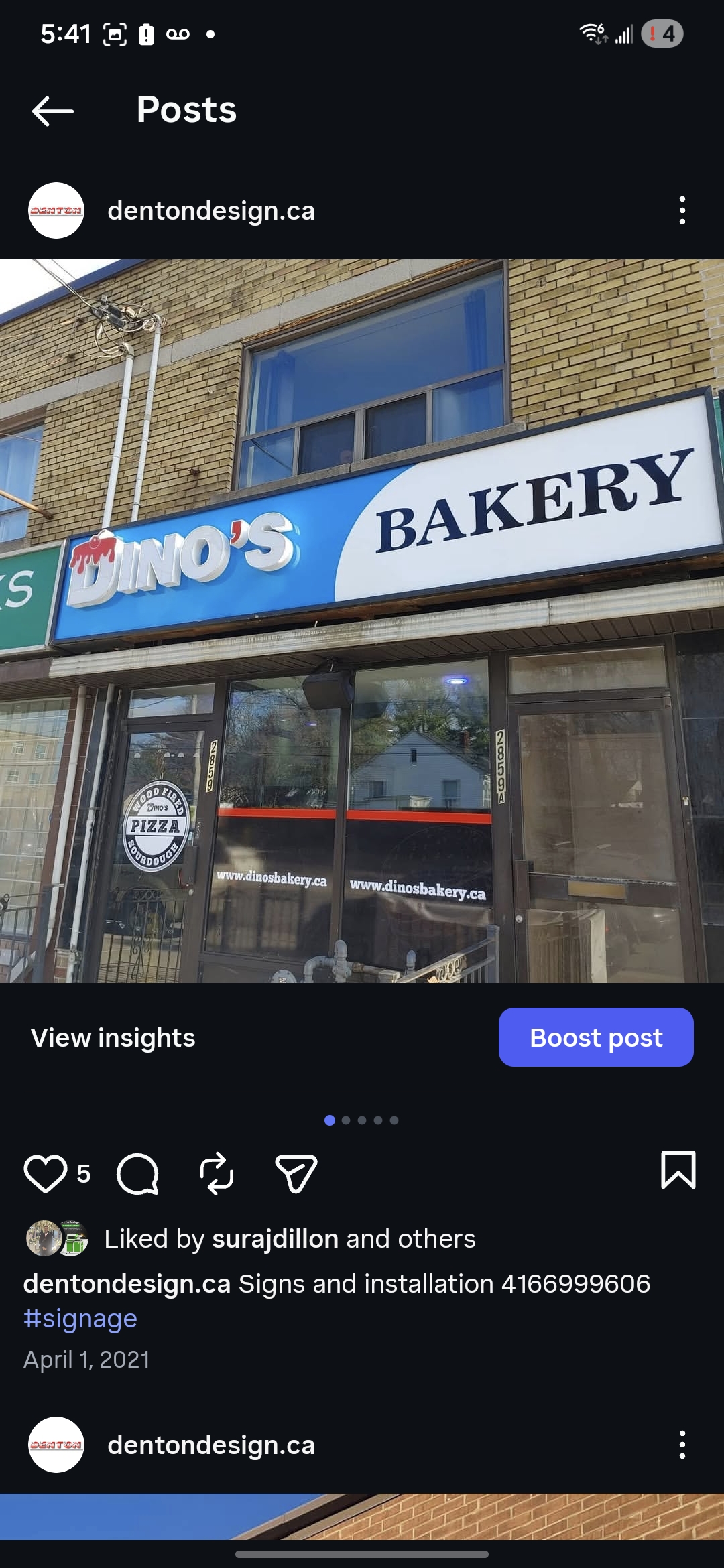 Dino's Bakery storefront sign by Denton Design.
