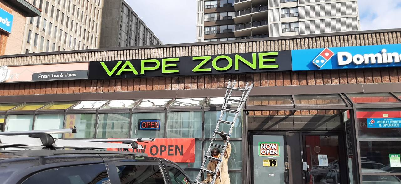 Vape Zone storefront channel letters installed by Denton Design.
